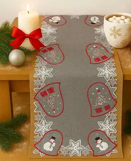 Obrusy Vianočný vyšívaný obrus vianočný Zvončeky sivé 40x110 cm TiaHome