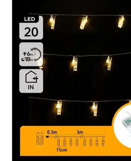 Svietidlá  B.V.  - LED dekoratívna reťaz s kolíčkami 20xLED/3xAA 3,3m teplá biela B10303Q78