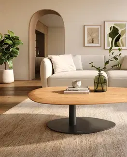 Konferenčné stolíky DELIFE Konferenčný stolík Edge oválny 140x75 cm dub prírodný okrúhla hrana Vibany kov čierna