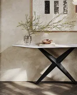 Konzolové stolíky DELIFE Konzolový stolík Edge polygonálny 180×50 cm keramika Laminam® Statuarietto biela Zentharo kov čierna