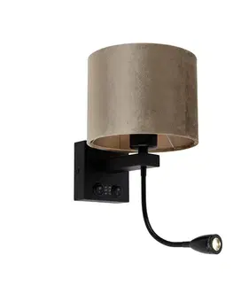 Lampy Nástenná lampa čierna s hnedým zamatovým tienidlom 18 cm - Brescia Combi