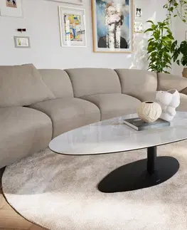 Konferenčné stolíky DELIFE Konferenčný stolík Edge oválny 140×75 cm keramika onyx perla Vibany kov čierna