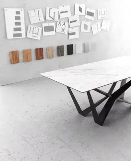 Jedálenské stoly DELIFE Jedálenský stôl Edge 200x100 cm keramika Laminam® Statuarietto biela stredová podstava plochá oceľ čierna