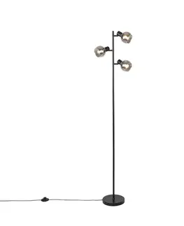 Stojace lampy Art Deco stojaca lampa čierna 3-svetlo s dymovým sklom - Vidro
