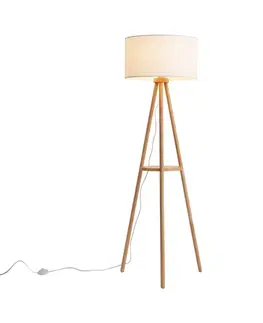 Stojace lampy Škandinávska stojaca lampa drevená s látkovým tienidlom biela - Lou