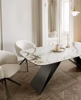 Jedálenské stoly DELIFE Jedálenský stôl Edge oválny 200x100 keramika Calacatta Luxe bielo-zlato-šedá podstava v tvare V plochá oceľ čierna