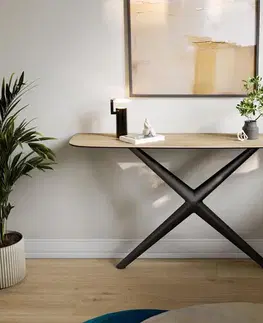 Konzolové stolíky DELIFE Konzolový stolík Edge zaoblený 140×40 cm keramika Laminam® sabbia dubová farba Estelo kov čierna