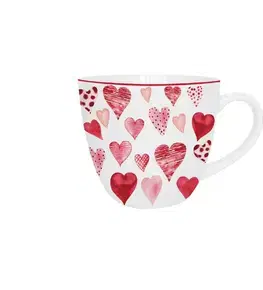 Hrnčeky, šálky, podšálky DUO - Hrnček 460ml HEARTS 1, biely a červené srdcia v darčekovej krabičke, porcelán