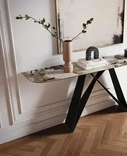 Konzolové stolíky DELIFE Konzolový stolík Edge zaoblený tvar 180×40 cm keramika Patagonia leštená Velio kov čierna