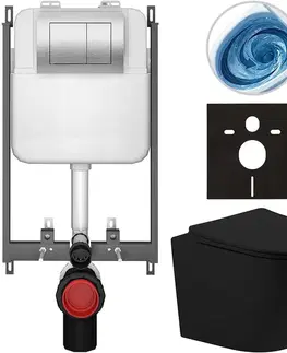 Záchody CERANO - Kompletný WC set Basic/Cesso - čierna matná - WC tlačidlo Maxio/Strieborná - na zamurovanie - 49x36 CER-8050BD86221