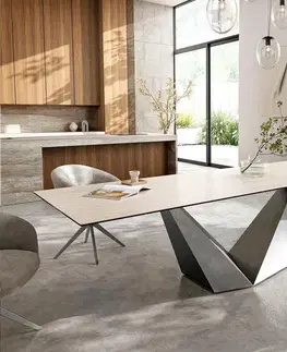 Jedálenské stoly DELIFE Jedálenský stôl Edge 300x100 keramika Laminam® Travertino Bianco krémovo bielo prisma metalická strieborná