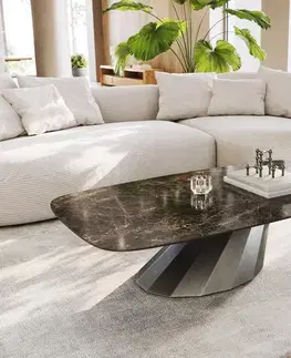 Konferenčné stolíky DELIFE Konferenčný stolík Edge zaoblený 140x80 cm keramika Laminam® Emperador Extra Lucidato tmavohnedá Parabi metalická strieborná