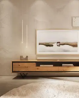 Televízne stolíky DELIFE TV stolík Stonegrace 240 cm dub prírodná 2 dvierka 1 priehradka 2 zásuvky kamenná dyha podstava v tvare V kov čierna