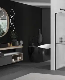 Sprchové dvere MEXEN/S - Kioto+ L Sprchová zástena WALK-IN s poličkou a držiakom uterákov 70 x 200, prúžky, čierna 800-070-123-70-09