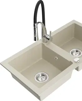 Kuchynské drezy MEXEN/S MEXEN/S - Mario granitový drez 2-bowl vrátane batérie Aster, bážová 6504-69-73450-07