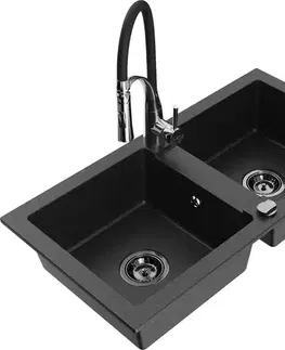 Kuchynské drezy MEXEN/S MEXEN/S - Mario granitový drez 2-bowl vrátane batérie Aster, čierna/strieborná metalík 6504-73-73450-07-B