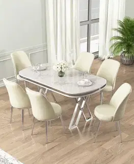 Jedálenské sety Dining Table & Chairs Set (7 Pieces) Lai - White, Chrome, Cream