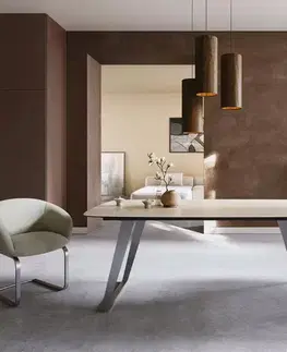 Jedálenské stoly DELIFE Jedálenský stôl Edge zaoblený tvar 200x100 keramika Laminam® Travertino Bianco krémovo biela nerezová oceľ šikmý