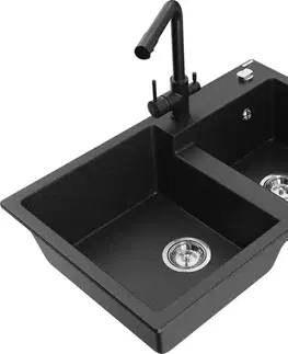 Kuchynské drezy MEXEN/S MEXEN/S - Tomas granitový drez 2-bowl vrátane batérie Duero, čierna/srebrny metalik 6516-73-671600-70