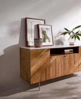 Komody DELIFE Komoda Bahan 145 cm mango teak 4 dvierka 1 priehradka mramorová doska biela podstava v tvare L nerezová oceľ