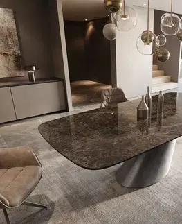 Jedálenské stoly DELIFE Jedálenský stôl Edge zaoblený tvar 240x120 keramika Laminam® Emperador Extra Lucidato tmavohnedá kužeľ metalická strieborná