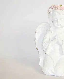 Sošky, figurky - anjeli MAKRO - Anjel biely s ružovým venčekom kľačiaci 16cm, polyrezin
