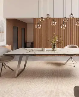 Jedálenské stoly DELIFE Jedálenský stôl Edge 300x100 keramika Calacatta Luxe bielo-zlato-šedá nerezová oceľ skosený