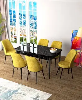 Jedálenské sety Extendable Dining Table & Chairs Set (7 Pieces) Zen - Black Marble, Mustard