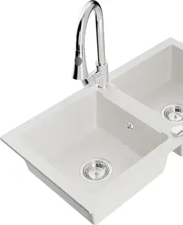 Kuchynské drezy MEXEN/S MEXEN/S - Mario granitový drez 2-bowl vrátane batérie Elia, biela 6504-20-670101-00