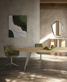 Jedálenské stoly DELIFE Jedálenský stôl Edge oválny 280x130 cm keramika Laminam® sabbia dubová kov šikmý titánová farba