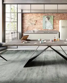 Jedálenské stoly DELIFE Jedálenský stôl Edge 260x100 akácia platinová podstava v tvare V plochá oceľ čierna Live-Edge