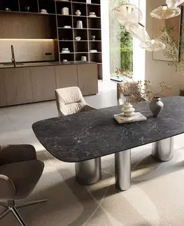 Jedálenské stoly DELIFE Jedálenský stôl Edge zaoblený 240×120 cm keramika Laminam® Nero Greco antracitová pilier nerezová oceľ kefovaná