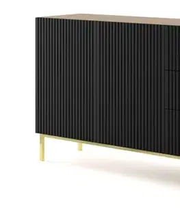 Komody ArtBm Komoda RAVENNA B 3D3S 200 | dub artisan / čierna matná Prevedenie: Dub artisan / čierny mat / zlatá podnož