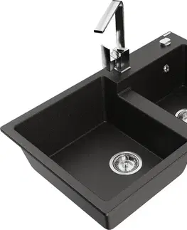 Kuchynské drezy MEXEN/S MEXEN/S - Tomas granitový drez 2-bowl vrátane batérie Rita, čierna/zlatá metalik 6516-75-670300-00