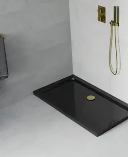 Vane MEXEN/S - Flat sprchová vanička obdĺžniková slim 130 x 70, čierna + zlatý sifón 40707013G