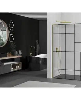 Sprchové dvere MEXEN/S - Kioto L Sprchová zástena WALK-IN 90 x 200, čierny vzor, zlato kartáčovaná 800-090-103-55-78