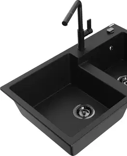 Kuchynské drezy MEXEN/S MEXEN/S - Tomas granitový drez 2-bowl vrátane batérie Flora, čierna 6516-77-670401-70-B