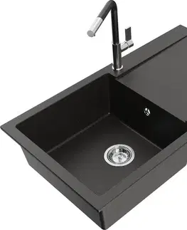 Kuchynské drezy MEXEN/S MEXEN/S - Leo granitový drez 1 s odkvapkávačom vrátane batérie Flora, čierna/zlatá metalik 6501-75-670401-07