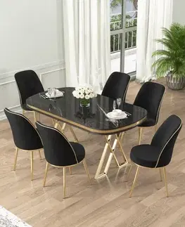 Jedálenské sety Dining Table & Chairs Set (7 Pieces) Lai - Black Marble, Gold, Black