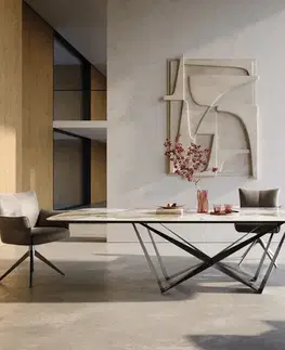 Jedálenské stoly DELIFE Jedálenský stôl Edge zaoblený tvar 300×120 cm keramika Minas Melange bielo-béžová Spider plochá oceľ nerezová oceľ grafitová