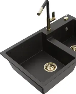 Kuchynské drezy MEXEN/S MEXEN/S - Tomas granitový drez 2-bowl vrátane batérie Flora, čierna/zlatá metalik 6516-75-670401-57-G