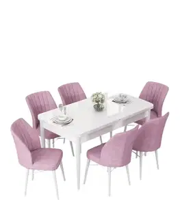 Jedálenské sety Extendable Dining Table & Chairs Set (7 Pieces) Nef - White, Pink
