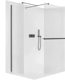 Držadlá k vani CERANO - Sprchová zástěna Walk-in Onyx T L/P - 8 mm - hranatá vzpěra + polička/držák na ručníky - černá matná, rýhované sklo - 80x80x200  CER-8050BD4118