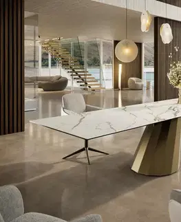 Jedálenské stoly DELIFE Jedálenský stôl Edge 300x100 keramika Calacatta Luxe bielo-zlato-šedá parabolický metalický zlatý