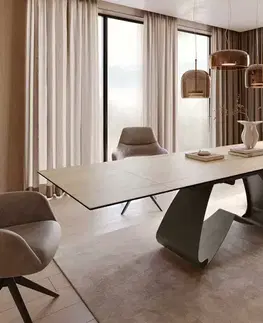 Jedálenské stoly DELIFE Jedálenský stôl Edge 200-300x100 keramika Laminam® sabbia v dubovej farbe podstava v tvare W titanový efekt rozkladací