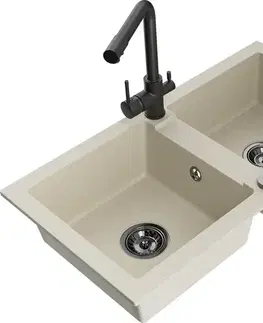 Kuchynské drezy MEXEN/S MEXEN/S - Mario granitový drez 2-bowl vrátane batérie Duero, béžová 6504-69-671600-70