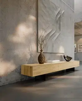 Televízne stolíky DELIFE TV stolík Cuor 200 cm keramika Laminam® Sabbia dubová farba 1 výklopné dvierka 1 zásuvka podstava závesná kov čierna