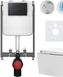 Záchody CERANO - Závesné WC s bidetom Basic/Cronus Standard - biela lesklá - WC tlačidlo Modulo/Čierna - na zamurovanie - 59,3x38,4 CER-8050BD86456
