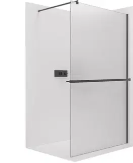 Držadlá k vani CERANO - Sprchová zástěna Walk-in Onyx Round L/P - 8 mm - kulatá vzpěra + polička/držák na ručníky - černá matná, mléčné sklo - 30x200  CER-8050BD80015