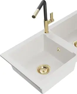 Kuchynské drezy MEXEN/S MEXEN/S - Mario granitový drez 2-bowl vrátane batérie Flora, biela 6504-20-670401-57-G